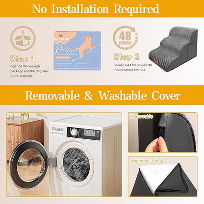 Dog Stairs for Small Dogs, Wide Pet Step with Removable Cover, No Assembly High Density Foam Cat Ramp for Bed or Sofa, 3-Step, Dark Grey