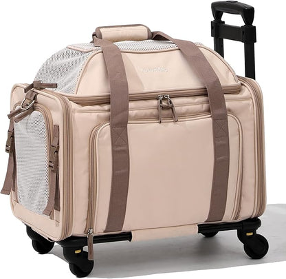 FUKUMARU Cat Carrier with Wheels, 18x11x11 Expandable Soft Cat Travel Carrier, Airline Approved Dog Carrier, Sturdy Rolling Cat Carrier with Anti-Scratch Mesh, Escape-Proof Pet Carrier for Cat, Pink