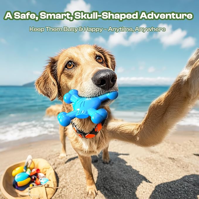 Dog Toys for Small Dogs, Skull-Shaped Small Dog Toys for Puppies, Durable Natural Rubber Puppy Chew Toys with Bacon&Milk Flavor, Indestructible Dog Toy, Blue