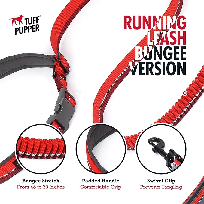 Tuff Pupper Hands Free Bungee Dog Leash | Lightweight for Running Jogging Walking | Adjustable Padded Waist Belt (24-50 inch) | Bungee Stretch 3 to 6 Feet | Strong Ballistic Nylon w/Reflective Strips