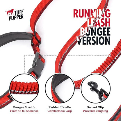 Tuff Pupper Hands Free Bungee Dog Leash | Lightweight for Running Jogging Walking | Adjustable Padded Waist Belt (24-50 inch) | Bungee Stretch 3 to 6 Feet | Strong Ballistic Nylon w/Reflective Strips