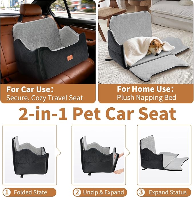 XEEP Dog Car Seat for Medium/Large Dogs Up to 55 lbs – Dog Booster Seat with Memory Foam, 2 Height-Adjust Cushions Bonus Urine Pad & Blanket Safety Leashes, Removable Washable Cover (Black/Grey)