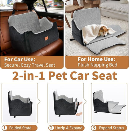 XEEP Dog Car Seat for Medium/Large Dogs Up to 55 lbs – Dog Booster Seat with Memory Foam, 2 Height-Adjust Cushions Bonus Urine Pad & Blanket Safety Leashes, Removable Washable Cover (Black/Grey)