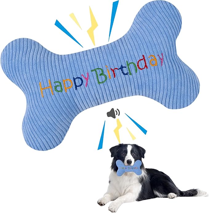 2026 Birthday Squeaky Dog Toys, Embroidered Bone Shape Blue Corduroy Pet Pillow 8"x5", Soft Cotton Filled Cute Fun Dog Chew Puzzle Toy Birthday Gifts for Small Medium Dogs(Happy Birthday)