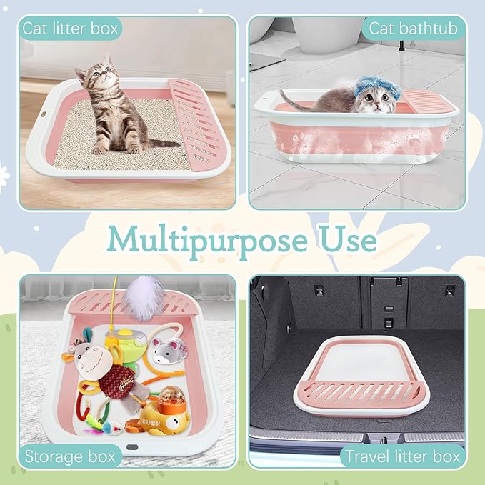 Fhiny Kitten Litter Box Portable Shallow Litter Box 17.7"x13.4"x4.9" Foldable Cat Toilet with Scoop Open Kitty Potty Pan with Litter Drop Pedal Easy to Clean Travel Kitten Toilet(Pink)