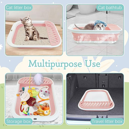 Fhiny Kitten Litter Box Portable Shallow Litter Box 17.7"x13.4"x4.9" Foldable Cat Toilet with Scoop Open Kitty Potty Pan with Litter Drop Pedal Easy to Clean Travel Kitten Toilet(Pink)