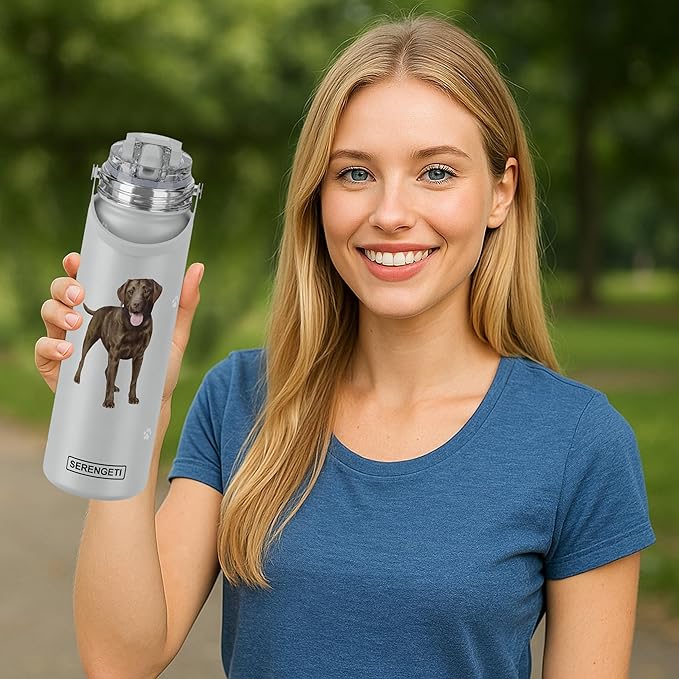 E&S Pets SERENGETI 24 Oz Water Bottle Stainless Steel with Spill Proof Lid - Double walled Vacuum Insulated water flask - Realistic 3D Print of your favorite dog (Labrador Chocolate)