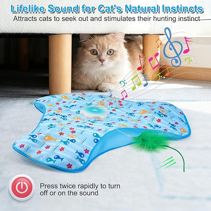 Interactive Cat Toys for Indoor Cats, Automatic Hide and Seek Motion-Activated Cat Toy with Moving Feather & Animal Chirps, USB Rechargeable Electric Cat Enrichment Toy for Bored Adult Cats & Kittens