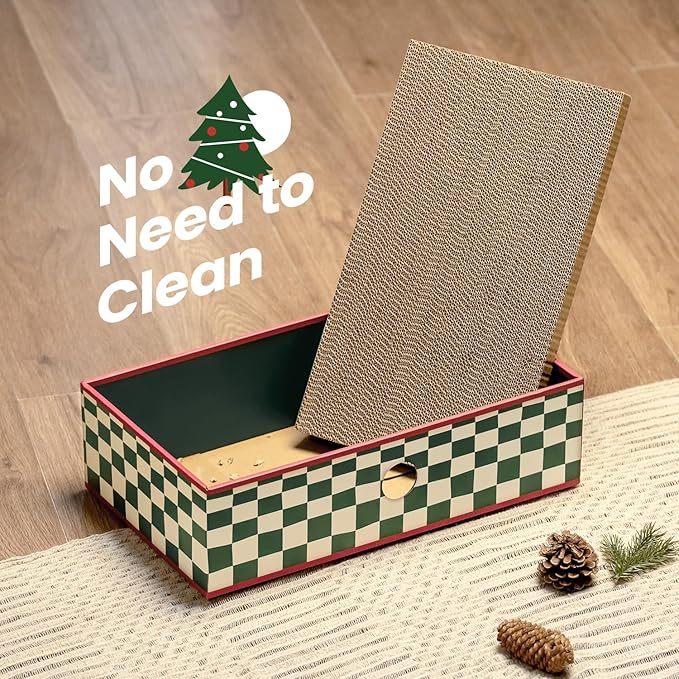 Cat Scratcher Box with 3-Layer Corrugated Pad, Heavy-Duty Double-Sided Cardboard Scratching Board & Bed, Checkered Design, for Cats, Large