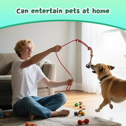 Flirt Pole for Dogs with Rope Toys, Adjustable Lightweight Interactive Pet Training Pole for Small to Medium Dogs (Red)