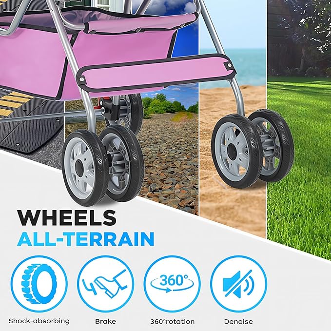 BestOffice Pet Stroller for Small Medium Dogs & Cats, 4-Wheel Foldable Dog Stroller with Cup Holder, Lightweight Travel Carrier, Waterproof Design for Outdoor Walks, Pink