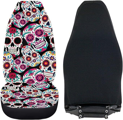 Dreaweet Sugar Skull Design Seat Covers for Cars Halloween Car Accessories Interior 2 Piece Easy Installation Elastic Front Car Seat Cover Washable Universal Fit SUV Sedan Trucks