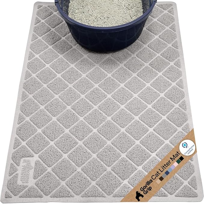 GORILLA GRIP Cat Litter Box Mat, Cushioned Coil Mesh Litter Trapping Mats, Scatter Control Supplies for Less Mess, Phthalate Free, Ultra Deep Catch Grooves, Rinse or Vacuum to Clean, 30x20 Light Gray