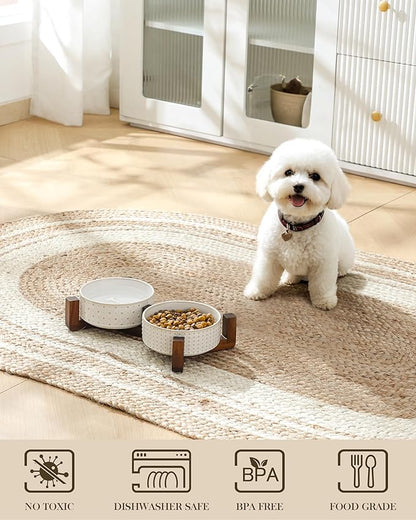 MALACASA Dog Bowl Set with Walnut Wood Stand, 1.5 Cups Ceramic Pet Bowls for Puppy Dogs, Dual Food and Water Bowls with Weighted Non-Slip Base, Basic Bowls for Your Dog or Cat, Rhombic & Polka Dots