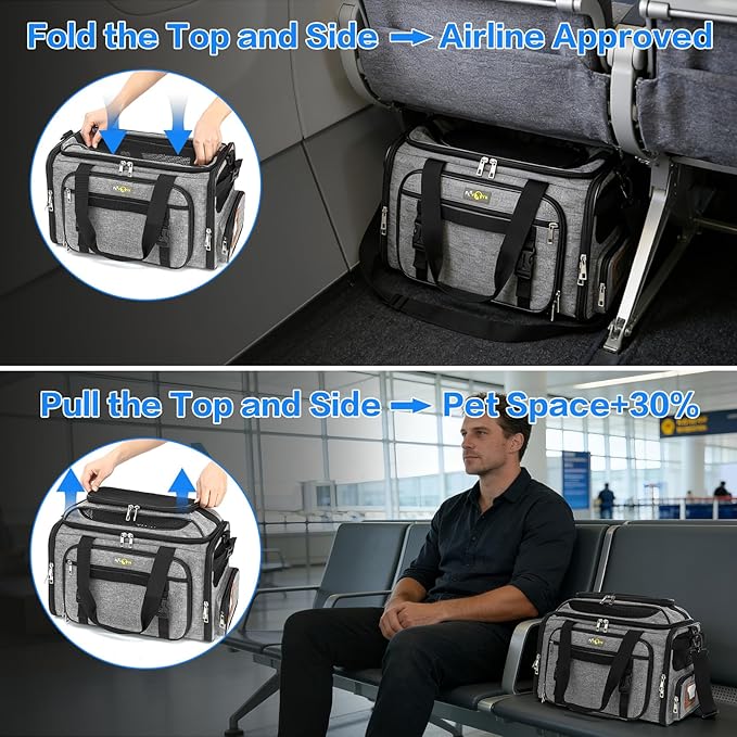 18x11x11 Small Cat/Dog/Pet Carrier – Airline Approved, Collapsible with Expandable Top and Sides. Soft-Sided Travel Puppy Carry Bag, Small Animal Rabbit Kennel Carrying Case, Kitten Mesh Cage