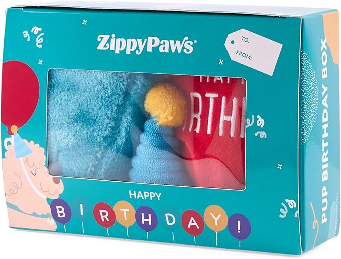 ZippyPaws Birthday Box - Dog Squeaky Toys to Keep Them Busy, Funny Food Plush for Small, Medium, & Large Dogs, Cute Stuffed Puppy Toy & Hat, Pet Products, Gift for Dogs of All Breeds - 3-Pack