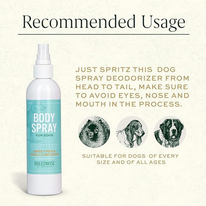 Breedwise Dog Perfume Spray - Sweet Pea & Vanilla Long Lasting Dog Cologne for Odor Neutralizing - Gentle Puppy Deodorizer & Grooming Mist for All Breeds - Made in USA (8 Oz)