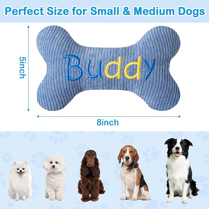 2026 Squeaky Dog Toys, Embroidered Bone Shape Blue Corduroy Pet Pillow 8"x5" Cute Soft Cotton Filled Dog Chew Puzzle Toy Birthday Holiday Fun Gifts Contrast "Buddy" Text for Small Medium Large Dogs