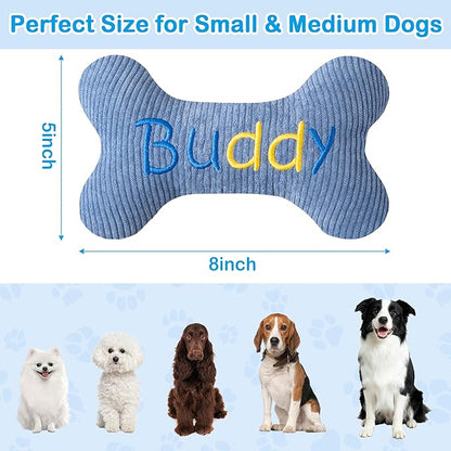 2026 Squeaky Dog Toys, Embroidered Bone Shape Blue Corduroy Pet Pillow 8"x5" Cute Soft Cotton Filled Dog Chew Puzzle Toy Birthday Holiday Fun Gifts Contrast "Buddy" Text for Small Medium Large Dogs