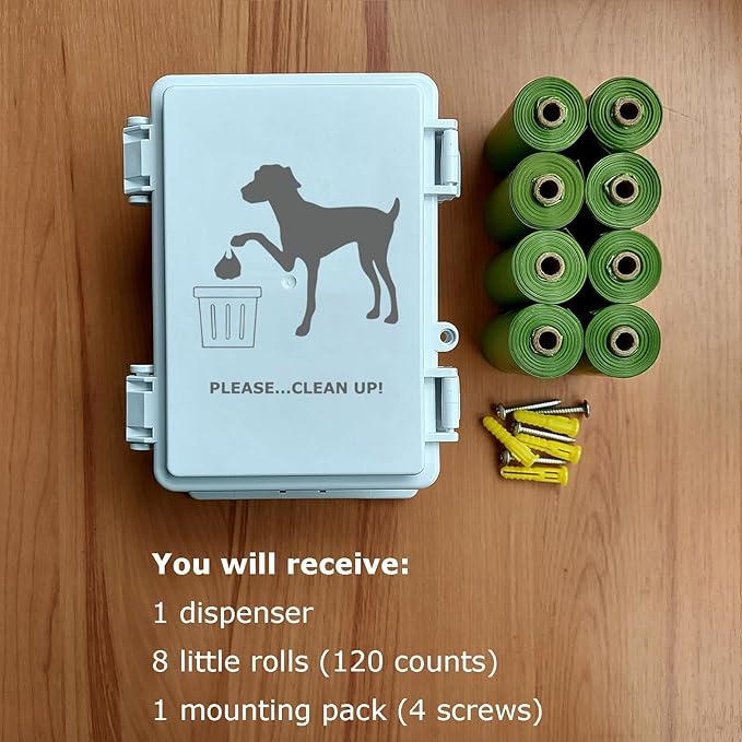 Dog Poop Bag Holder Outdoor Wall Mounted Doggie Poop Bags Storage Dispenser with 8 Rolls Small Pet Waste Station for Yard Stake, Pole, Post, Fence Mount (White dispenser+8 rolls)