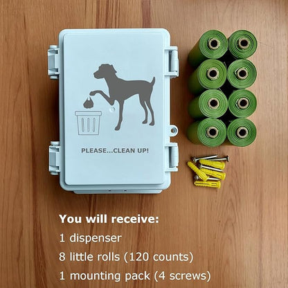 Dog Poop Bag Holder Outdoor Wall Mounted Doggie Poop Bags Storage Dispenser with 8 Rolls Small Pet Waste Station for Yard Stake, Pole, Post, Fence Mount (White dispenser+8 rolls)