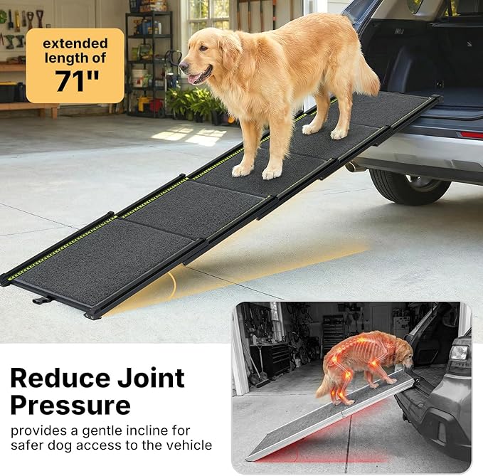 Veehoo Telescoping Dog Ramp for Car Truck SUV, 71" Long 20" Wide Lightweight Aluminium Pet Ramps with Non Slip Surface for Large Dogs, Portable Compact Outdoor Ramp for Dog to Get in Car, Up to 110lbs
