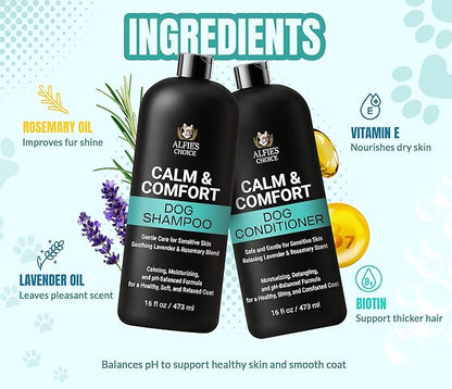 ALFIE'S CHOICE Dog Shampoo for Dry Itchy Skin | Calm & Comfort Shampoo and Conditioner Set | 16 fl oz Each | Lavender, Rosemary & Vitamin E | for Sensitive Skin & All Breeds | Made in USA