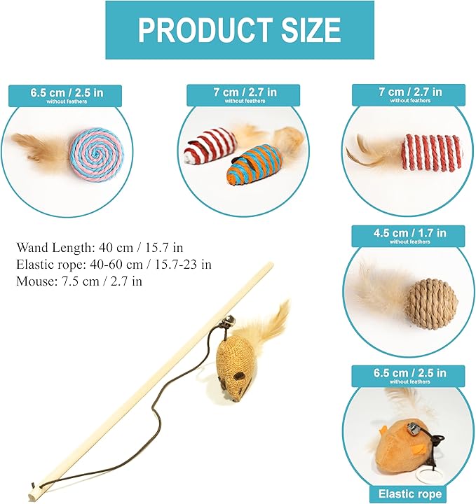 Natural Cat Toys Set, Eco-Friendly Interactive Toys with Feather Mice, Fiber Balls, Wand & Teething Toys | Gift for Cats & Kittens
