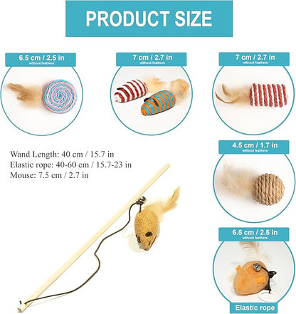 Natural Cat Toys Set, Eco-Friendly Interactive Toys with Feather Mice, Fiber Balls, Wand & Teething Toys | Gift for Cats & Kittens