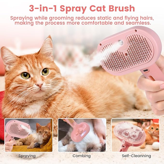 Steam Brush for Shedding Pets - Self-Cleaning Grooming Comb with Water Tank for Long & Short Haired Cats and Dogs (Pink)
