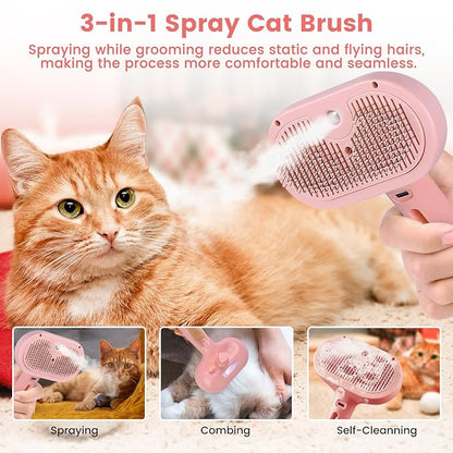 Steam Brush for Shedding Pets - Self-Cleaning Grooming Comb with Water Tank for Long & Short Haired Cats and Dogs (Pink)