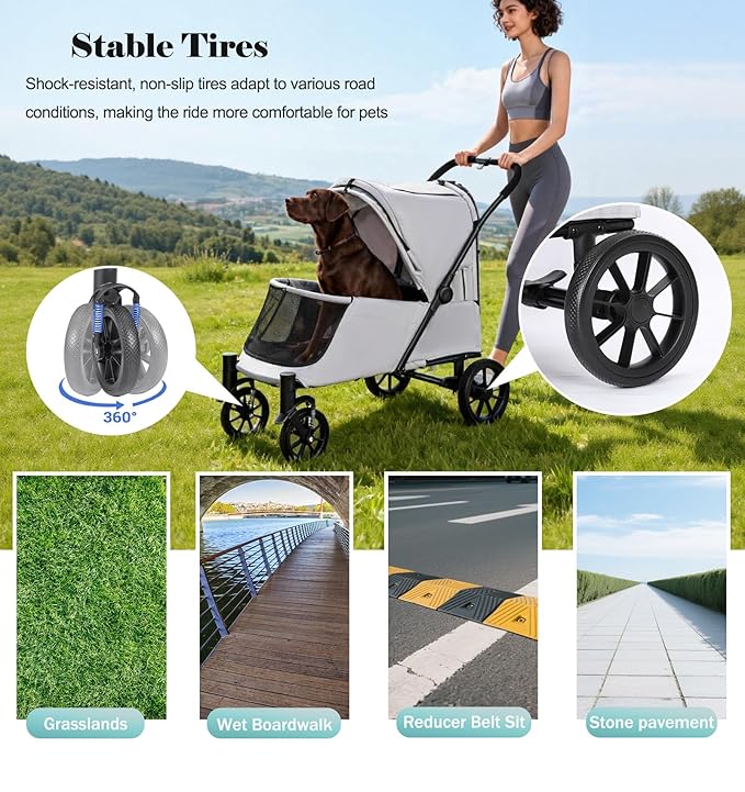 Pet Stroller with Ramp for Large Dogs up to 132lbs, Large Pet Gear for Multiple Dogs/Cats, All-Terrain with Mesh Dual-Window & NO-Zip, Removable Mattress & Slope Pad (Gray)