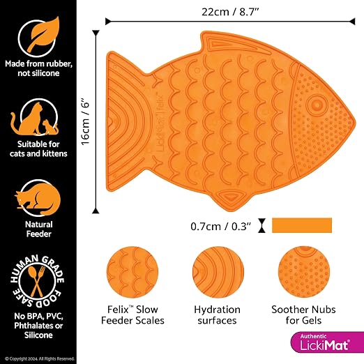 LickiMat Felix, Fish-Shaped Cat Slow Feeders Lick Mat, Boredom Anxiety Reducer; Perfect for Food, Treats, Yogurt, or Peanut Butter. Fun Alternative to a Slow Feed Cat Bowl or Dish, Orange - Image 2