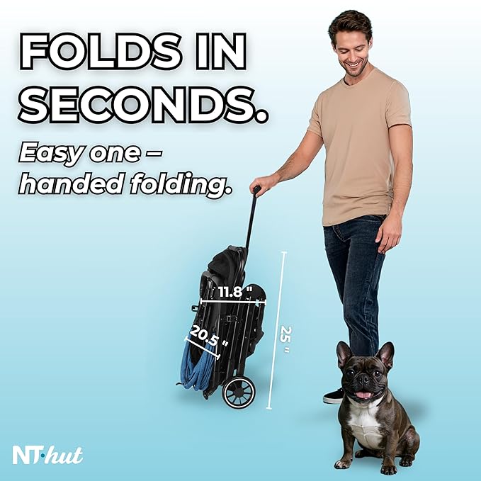 NT Hut WagZee Dog Stroller for Small & Medium Dogs & Cats, Foldable Pet Stroller with 360 Mesh Windows, One-Click Fold, Storage Basket, Cup Holder, Black Teal