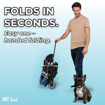 NT Hut WagZee Dog Stroller for Small & Medium Dogs & Cats, Foldable Pet Stroller with 360 Mesh Windows, One-Click Fold, Storage Basket, Cup Holder, Black Teal