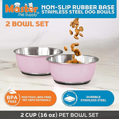 Master Pet Supply Stainless Steel Dog Bowls Set of 2 (16 Oz Each) with Non-Slip Rubber Base - Rose Quartz - Basic Dog Food Bowl Water & Food Bowls for Small Medium Large Dogs & Cats, Metal Dish