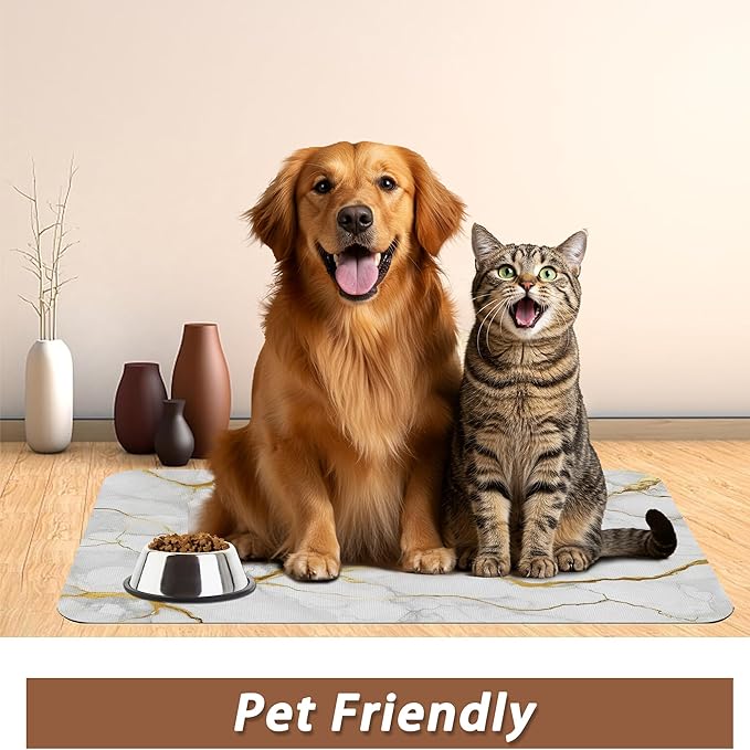 Marble Dog Food Mat for Floors,White Gold Marble Absorbent Quick-Dry Pet Feeding Mat,Cat Dog Bowl Mats for Food and Water,Non-Slip Pet Accessories Supplies 12"x20"