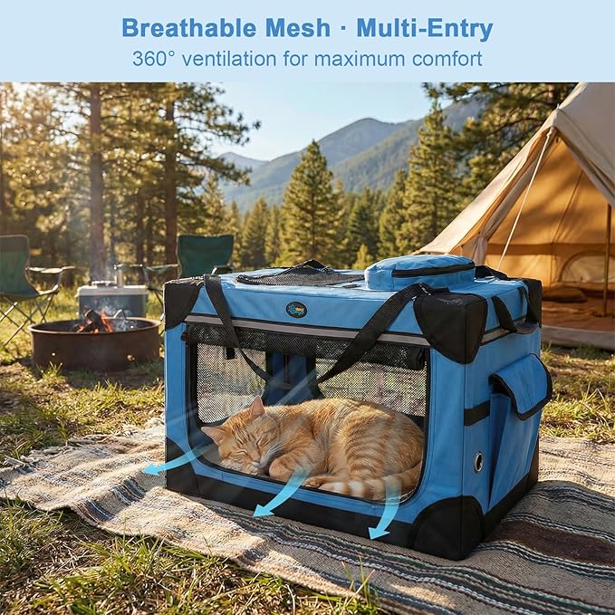 Ownpets Extra Large Cat Carrier for 2 Cats Small Dogs, 24 Inches Collapsible Soft Dog Crate for Car Travel, Portable Pet Carrier with Soft Mat, Blue