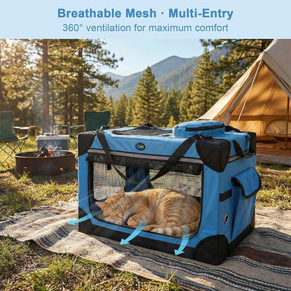 Ownpets Extra Large Cat Carrier for 2 Cats Small Dogs, 24 Inches Collapsible Soft Dog Crate for Car Travel, Portable Pet Carrier with Soft Mat, Blue