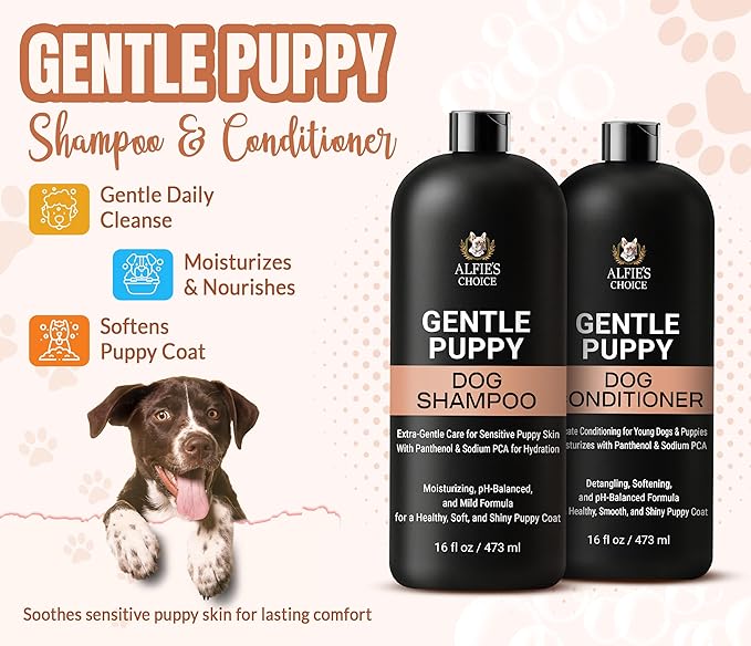 ALFIE'S CHOICE Puppy Shampoo and Conditioner Set | 16 fl oz Each | Gentle Formula for Sensitive & Itchy Skin | Panthenol & Sodium PCA | for Puppies, Adults & All Breeds | Made in USA