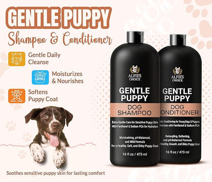 ALFIE'S CHOICE Puppy Shampoo and Conditioner Set | 16 fl oz Each | Gentle Formula for Sensitive & Itchy Skin | Panthenol & Sodium PCA | for Puppies, Adults & All Breeds | Made in USA
