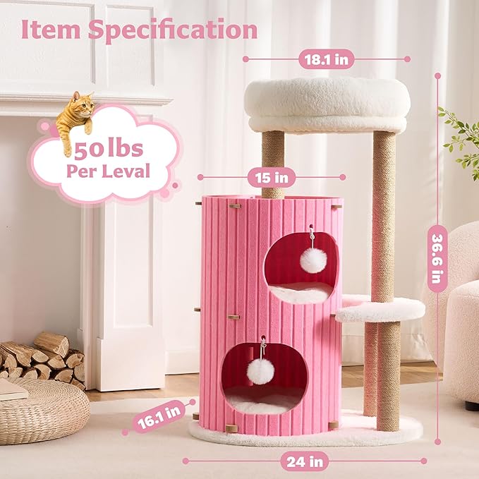 Modern Cat Tree for Indoor Cats Large Adult, 36in H Cat Tree Tower with Scratching Posts, Cozy Cat Bed Cave, Washable Cushions, Dangling Balls, Play&Nap Cat House Condo for All Breeds, Pink