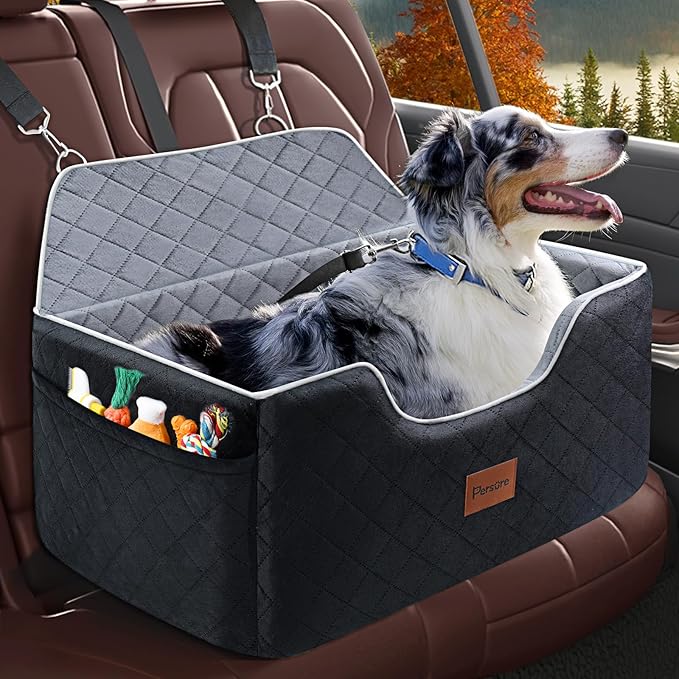 Persure Dog Car Seat for Large Medium Size Puppy Dog,Soft Fabric Dogs Bed Filling Memory Foam,2 Clip-On Safety Leashs and 2 Pockets,Removable and Washable Comfy Pet Travel Car Seat(Black, Large)