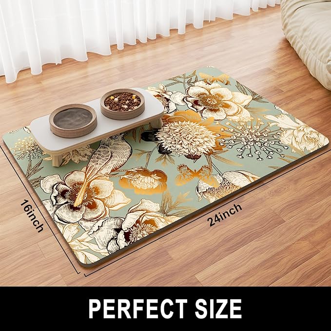 Dog Food Mat, 16" x 24" Flower Absorbent Dog Cat Bowl Mat for Food and Water, Cute Anti-Slip Rubber Pet Feeding Rug Protect Floors, Placemat for Feeding & Watering Supplies, Retro Floral