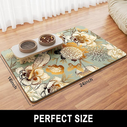 Dog Food Mat, 16" x 24" Flower Absorbent Dog Cat Bowl Mat for Food and Water, Cute Anti-Slip Rubber Pet Feeding Rug Protect Floors, Placemat for Feeding & Watering Supplies, Retro Floral