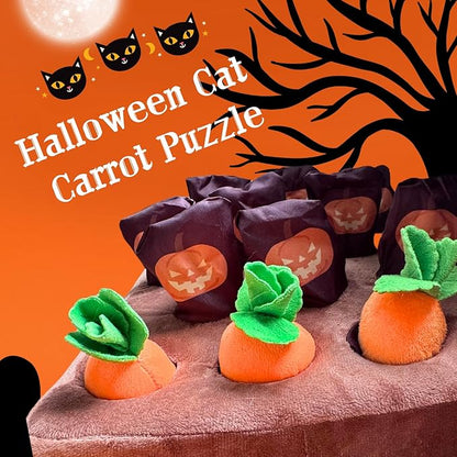 Carrot Patch Cat Toy Halloween Edition, Mat Pocket with Pumpkin Design, 12 Squeaky Carrot with Pockets and 4 Cute Catnip Toys for Indoor Cats Kicking and Biting