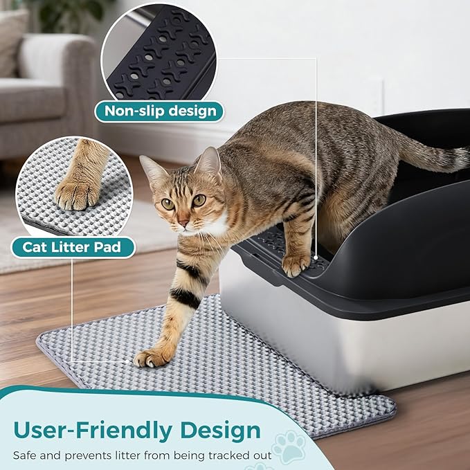 OLIXIS Stainless Steel Cat Litter Box with Lid, Large Cat Litter Box for Big Cats, High Wall Sides, Anti-Urine Leakage, Easy Cleaning, Scoop and Mat Included, Black