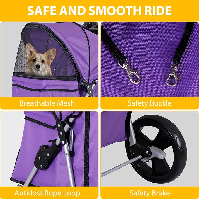 ZENY Foldable Pet Stroller, Cat/Dog Stroller with 4 Wheel, Pet Travel Carrier Strolling Cart with Storage Basket, Cup Holder (Purple)