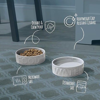 Park Life Ceramic Pet Bowls – Food Water Bowls for Dogs and Cats - Cute Pet Bowl for Small Medium and Large Size Dogs and Cats - Puppy Bowls (Large, Grey)