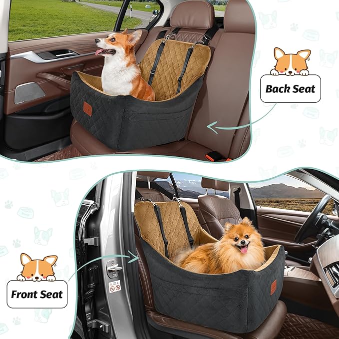 Lealchum Dog Booster Car Seat for Medium Dogs Up to 40lbs Pets,Easy to Install,Fully Detachable and Washable,Anti-Slip Base,Snug Puppy Car Seat with 2 Clip-On Leashes(Black/Coffee,Medium)
